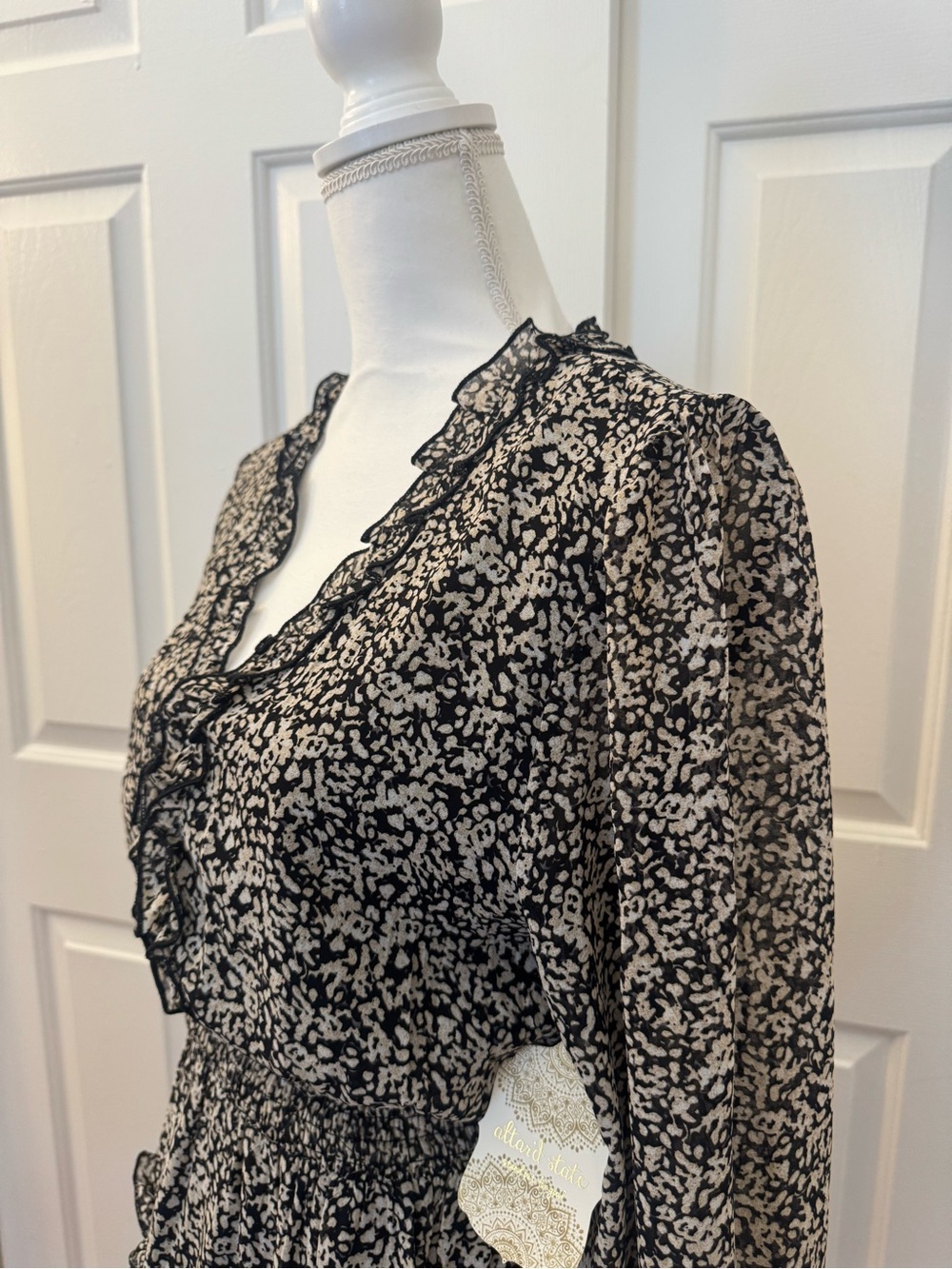 Altar'd State Black and Cream Floral Smock Waist Ruffle Tiered Long Sleeve Dress - Picture 6 of 9